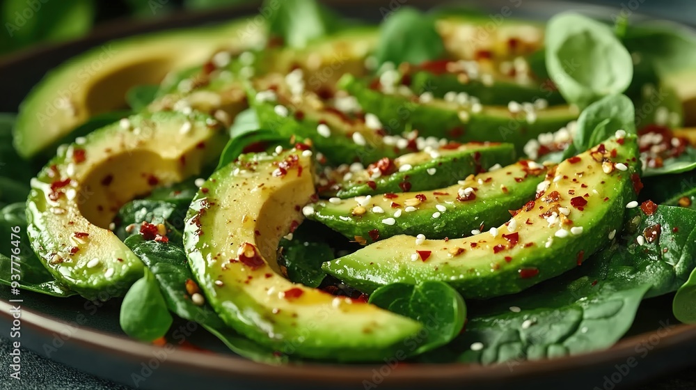 A plate of avocado salad with fresh spinach, sprinkled with chili powder and green pepper seeds, close-up shot. A plate of avocado salad with fresh spinach, sprinkled with chili powder and green pepper seeds, close-up shot.