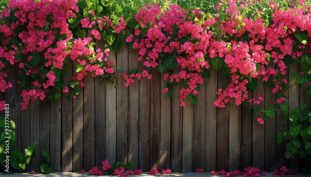 Fototapeta premium Pink bougainvillea flowers cascading over a wooden fence.