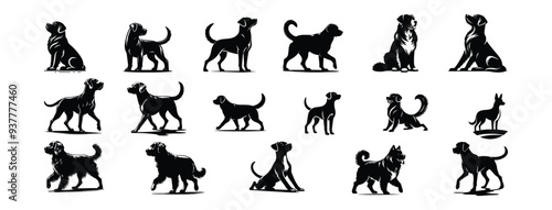 Standing black dog silhouette on white background, dog vector, dog standing icon
