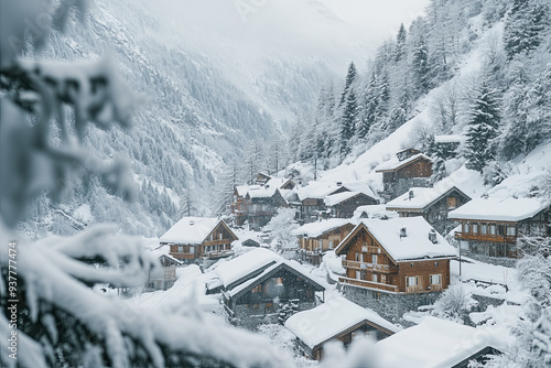 Snow-covered mountain village in winter
 photo