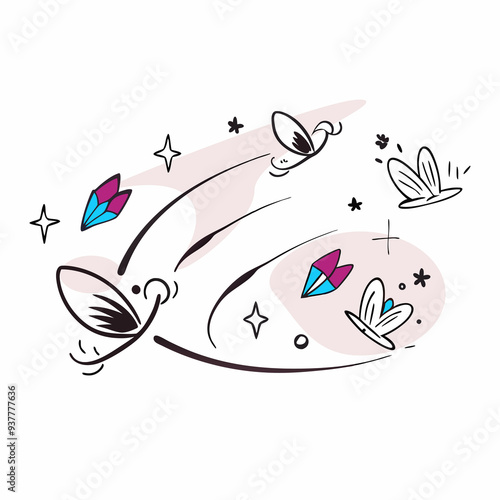 Abstract background of stylized flowers, butterflies, birds on a white background