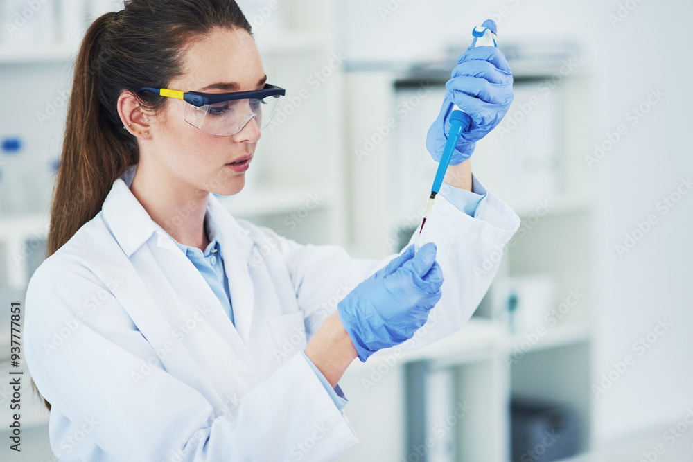 Science, research and woman with vial in laboratory for medical experiment, test or innovation. Pharmaceutical, clinical trial and scientist with investigation for Mpox vaccine, development or review Science, research and woman with vial in laboratory for medical experiment, test or innovation. Pharmaceutical, clinical trial and scientist with investigation for Mpox vaccine, development or review