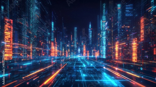 A digital cityscape with glowing neon lines representing data flow, surrounded by tall, futuristic buildings and a clear night sky, set in a high-tech environment with a blend of natural and