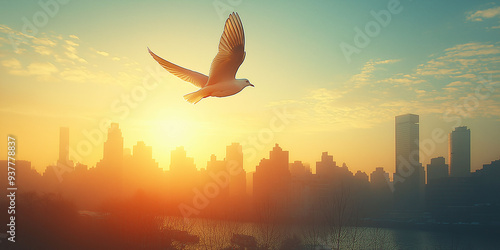 A free-flying bird with a city skyline full of tall buildings against the sky. Image generated by AI photo