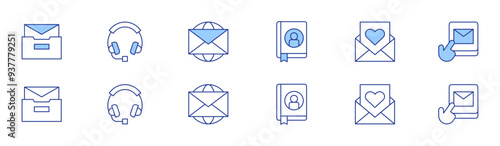 Contact icon set in two styles, Duotone and Thin Line style. Editable stroke. mails, headphone, agenda, mail, contact us