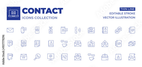 Contact icons collection. Thin Line icons, editable stroke. phone book, hired, id card, invitation, coffee, address book, curriculum, mails, planner, search, agenda, contact us