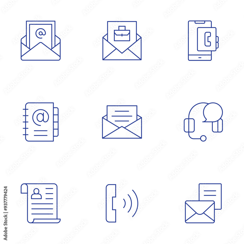 Contact icons set. Thin Line style, editable stroke. hired, agenda, email, cv, invitation, call, contact book, headphones, letter Contact icons set. Thin Line style, editable stroke. hired, agenda, email, cv, invitation, call, contact book, headphones, letter
