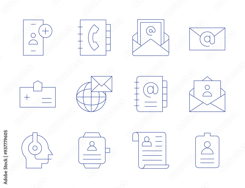 Contact icons. Thin Line style, editable stroke. smartwatch, id card, contact list, email, worldwide, cv, add friend, agenda, medical, customer service Contact icons. Thin Line style, editable stroke. smartwatch, id card, contact list, email, worldwide, cv, add friend, agenda, medical, customer service