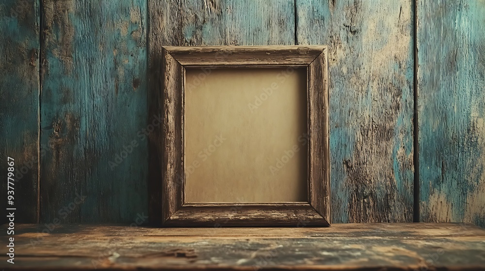 Rustic wooden frame with blank canvas on a weathered wooden wall. Rustic wooden frame with blank canvas on a weathered wooden wall.