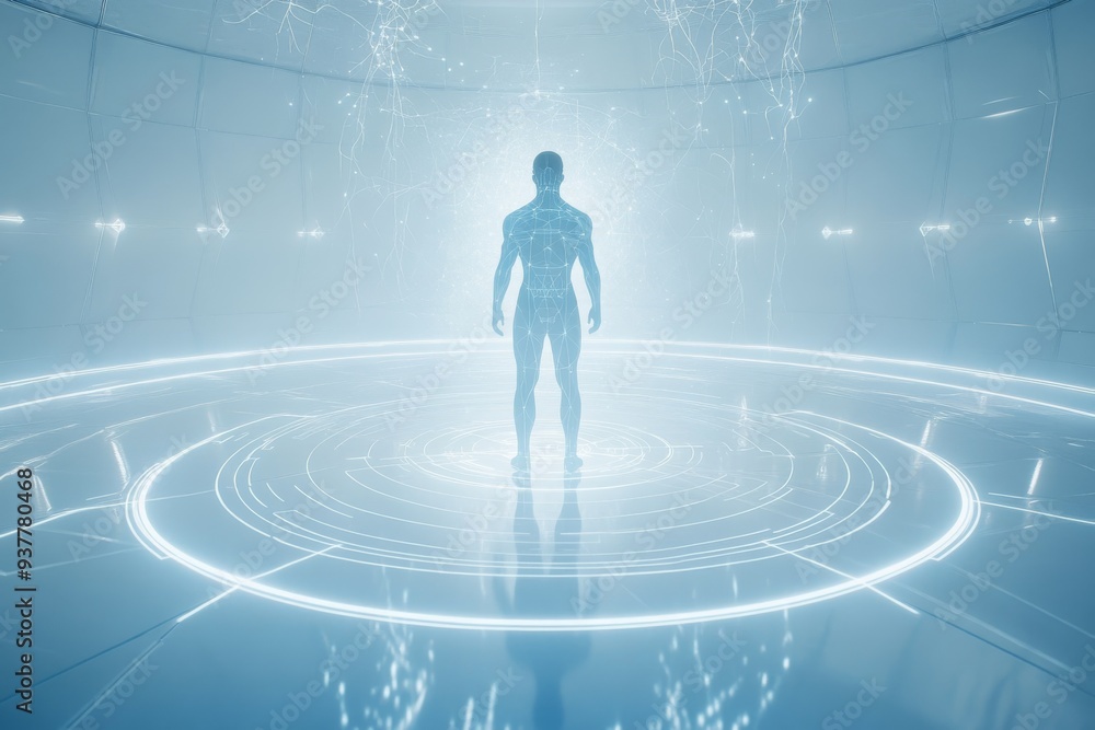 Futuristic human figure with glowing neural networks symbolizing the convergence of human cognition and technology in a highly advanced digital world Futuristic human figure with glowing neural networks symbolizing the convergence of human cognition and technology in a highly advanced digital world