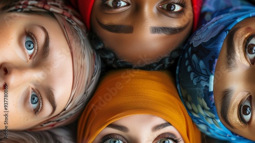 group of women with different skin tones, wearing hijab,  looking down at camera, diversity and unity concept