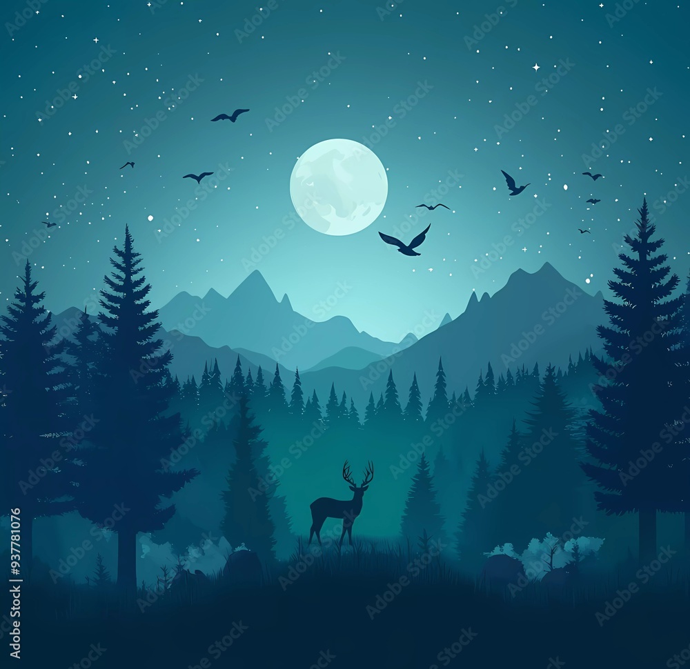 Vector illustration of a forest with a bear, deer, and wolf in the distance, at night, with a blue color palette Vector illustration of a forest with a bear, deer, and wolf in the distance, at night, with a blue color palette
