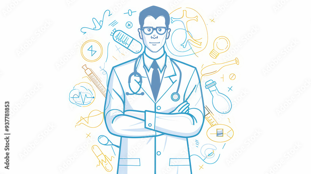 Fototapeta premium Confident Doctor with Medical Symbols Surrounding Him - A doctor with arms crossed, wearing a lab coat and stethoscope, with surrounding medical symbols like pills, syringe, and brain representing hea