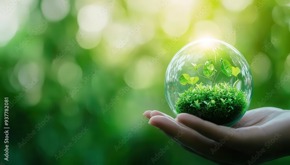 A hand holding a glass globe with plants inside, symbolizing environmental protection and sustainability in nature. A hand holding a glass globe with plants inside, symbolizing environmental protection and sustainability in nature.