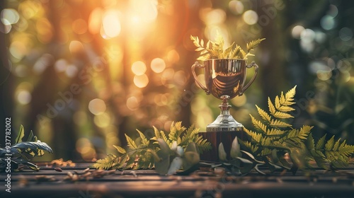 trophy award cup with fern leaves on wooden table in forest, bokeh background, copy space