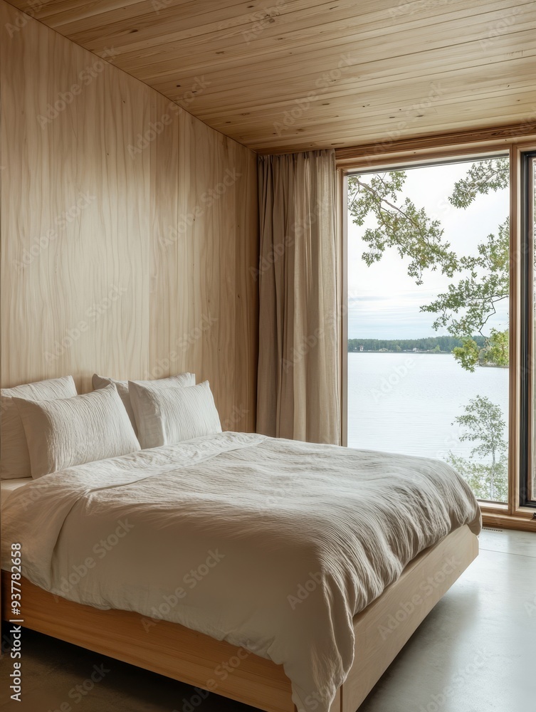 Fototapeta premium Cozy Cabin Bedroom with Lake View and Wooden Walls - A cozy cabin bedroom with a king-sized bed, large windows overlooking a lake, and wooden walls, representing tranquility, nature, comfort, relaxati