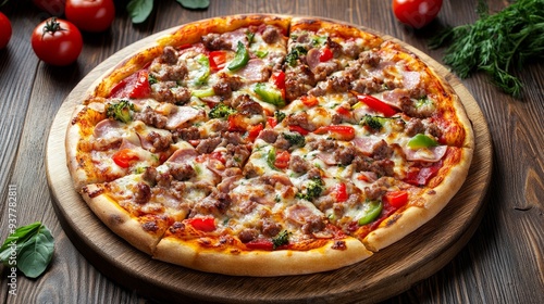 pizza on a wooden board with cheese, meat, and vegetables, top view