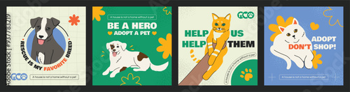 A set of templates for social media post about dog and cat adoption. Adopt, dont shop. Cute hand-drawn cats and dogs in bright retro colors. Rescue is my favorite breed. Adoption slogans for pets.