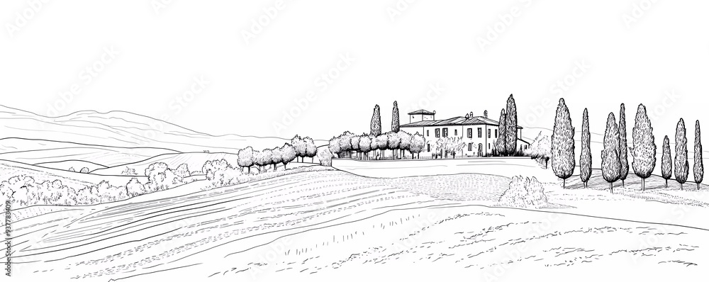 Tuscan landscape with villa and cypress trees, vector black lines on white background Tuscan landscape with villa and cypress trees, vector black lines on white background