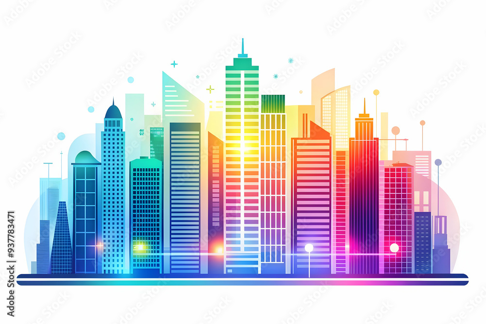 Obraz premium Dynamic Abstract Digital Art Banner: AI-Driven Smart Cities Concept - Innovation, Sustainability, and Efficiency in Urban Development Powered by AI. Flat Vector Illustration with Glowing Elements and 