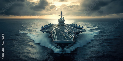 Fototapeta Naklejka Na Ścianę i Meble -  Us navy aircraft carrier sails gracefully with fighter jets on its deck, showcasing military power and defense at sea. Banner, Copy space