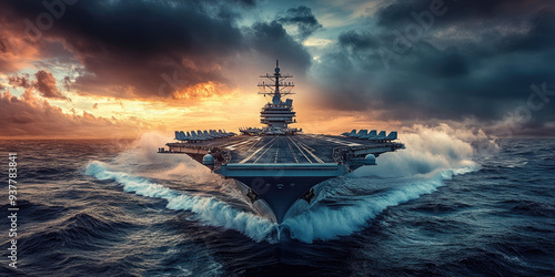 Fototapeta Naklejka Na Ścianę i Meble -  Us navy aircraft carrier sails gracefully with fighter jets on its deck, showcasing military power and defense at sea. Banner, Copy space