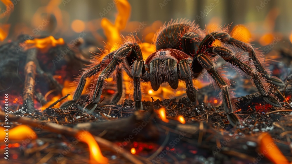 A detailed close-up of a spider amidst glowing embers and smoke, showcasing nature's resilience and survival in harsh conditions.