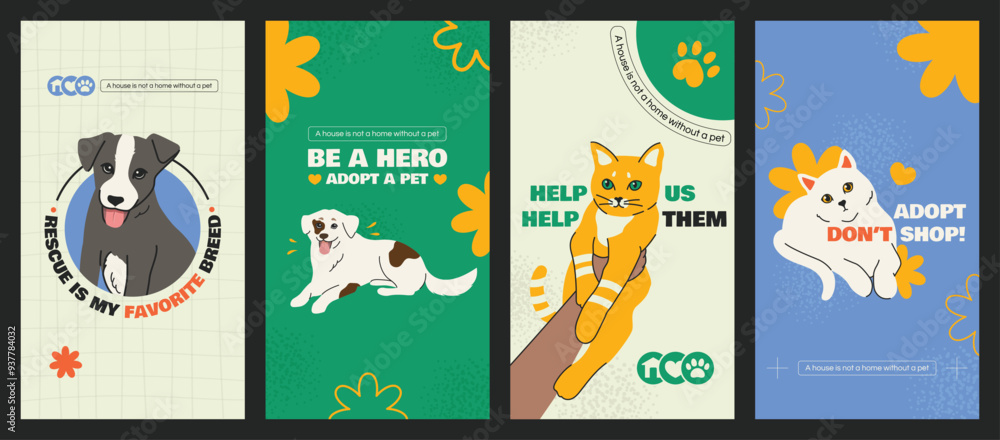 Fototapeta A set of templates for social media stories about adopting cats and dogs. A cute black and white puppy, a ginger kitten, a white cat and a dog. Bright vintage colors, modern banners. Help Us Help Them