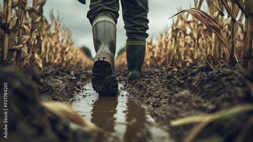 Farmer in wellington boots walking through muddy cornfield, low-angle view Farmer in wellington boots walking through muddy cornfield, low-angle view