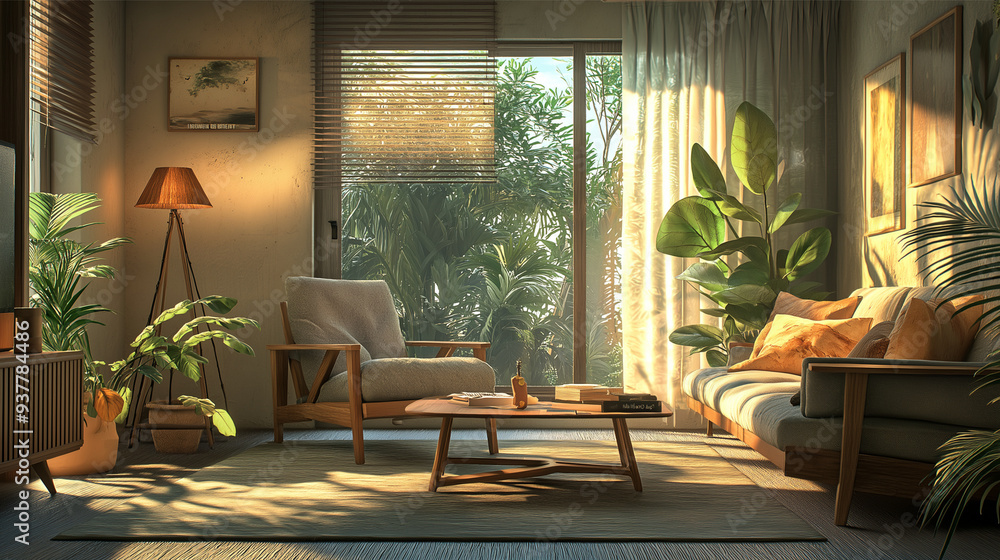 Fototapeta premium Cozy Living Room with Warm Natural Lighting and Wooden Furniture