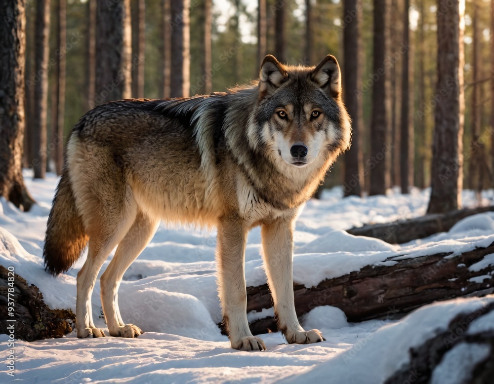 Fototapeta premium wolf in the woods dramatic cinematic panoramic picture with wild predator animal posing in deep forest rocky picturesque. Ai generated image