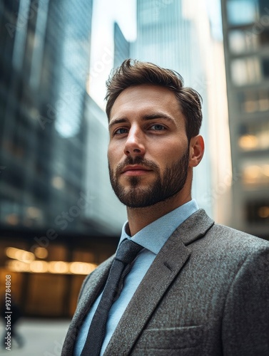 A businessman looks at the camera with a blurred background of a company building with generative ai