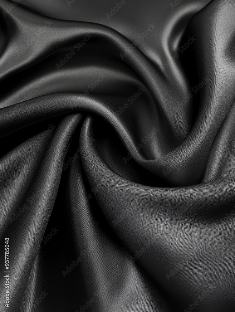 Fototapeta premium Elegant Black Satin Fabric Drape Texture Background - A smooth, flowing black satin fabric draped in elegant folds, symbolizing luxury, sophistication, mystery, and sensuality.
