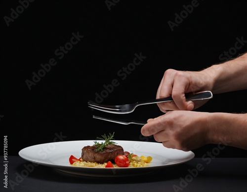 Fork and knife in hands on black background with white plate. Ai generated image 