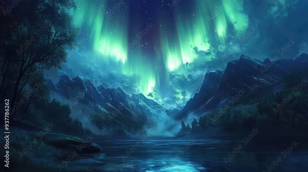 A serene night scene with soft aurora flows blending into the sky, casting a calming, ethereal glow. A serene night scene with soft aurora flows blending into the sky, casting a calming, ethereal glow.