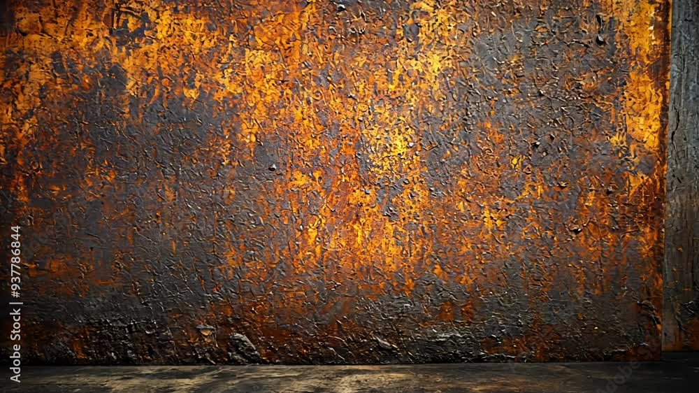 A close-up of a rusted metal wall, showcasing vibrant textures and deep colors in a shadowy atmosphere.
