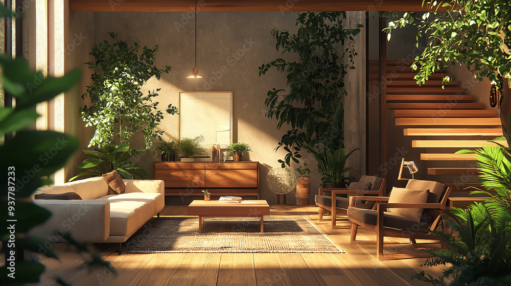 Fototapeta premium Cozy Living Room with Warm Natural Lighting and Wooden Furniture