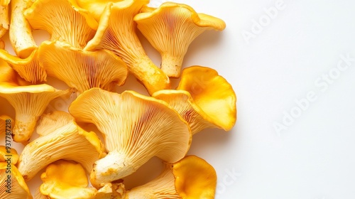 Fresh Chanterelle Mushrooms on White Background - A collection of fresh chanterelle mushrooms, showcasing their vibrant yellow color and delicate texture. The mushrooms are arranged in a cluster, sugg