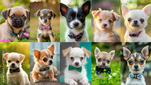 A vibrant collage of playful puppies each wearing a bow tie, photographed outdoors. The mix of colors and cute expressions creates a joyful, lively atmosphere