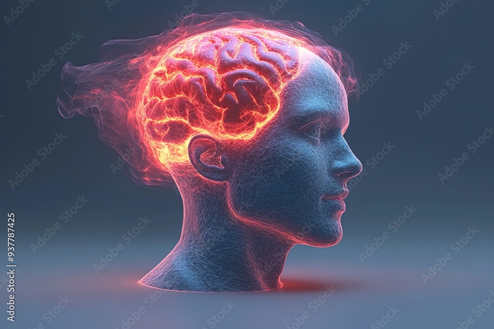 Profile of a person with a glowing red brain symbolizing cognitive power creativity and the fusion of human thought with advanced technology Profile of a person with a glowing red brain symbolizing cognitive power creativity and the fusion of human thought with advanced technology