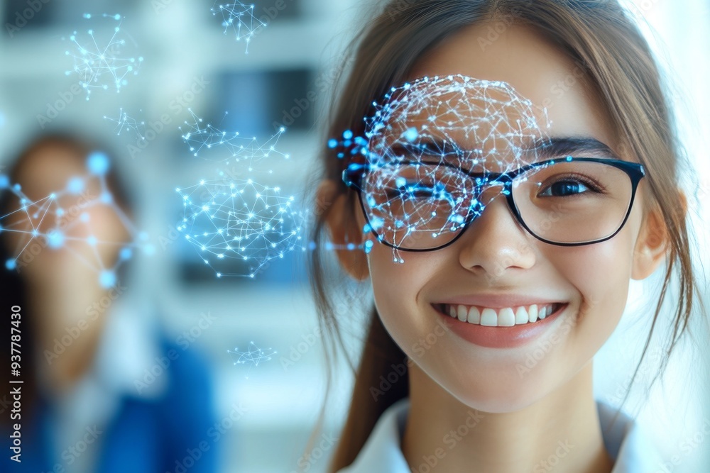 Smiling woman with glowing neural networks symbolizing the joyful connection between human emotion and technological innovation in a modern world Smiling woman with glowing neural networks symbolizing the joyful connection between human emotion and technological innovation in a modern world