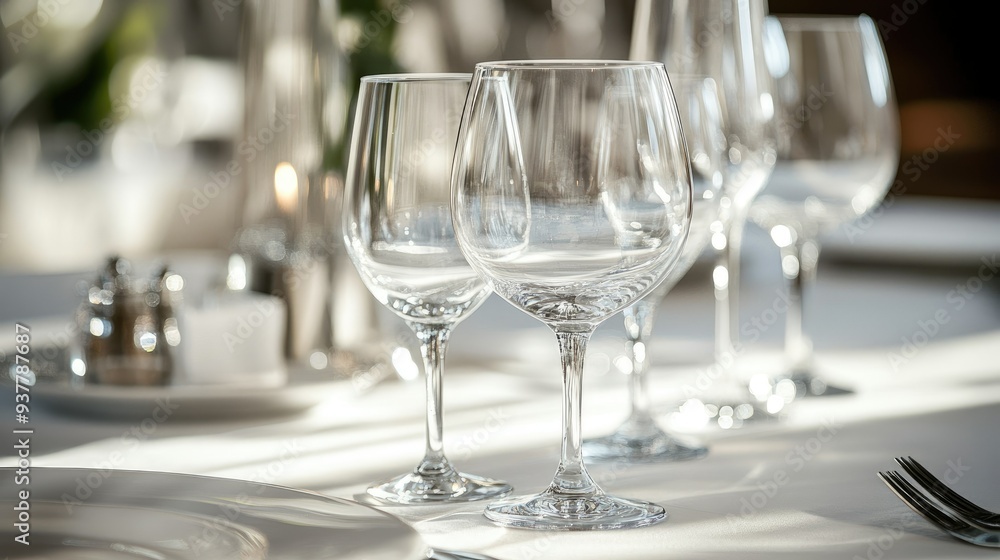 Close-up of elegant glassware and table settings, arranged with room for copy on a clean backdrop. Close-up of elegant glassware and table settings, arranged with room for copy on a clean backdrop.
