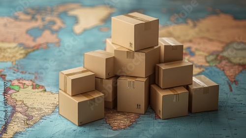 Global Shipping and Delivery: Cardboard Boxes on World Map - A group of cardboard boxes stacked on a world map, symbolizing global shipping, international trade, delivery services, and the interconnec photo