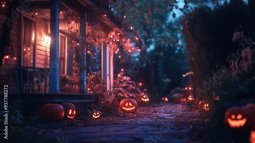 spooky Halloween scene with pumpkins and glowing lanterns outside of old house at night, featuring eerie path leading to front porch