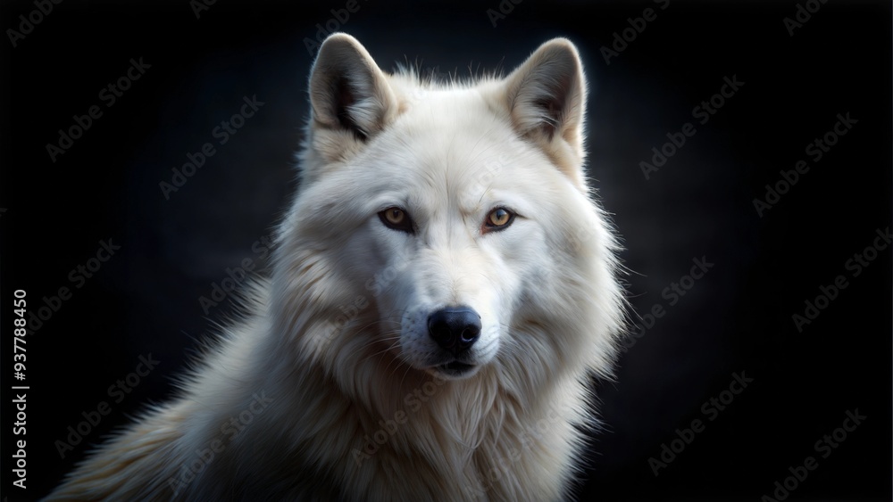 White wolf with a majestic expression in dramatic lighting against a dark background
White wolf with a majestic expression in dramatic lighting against a dark background