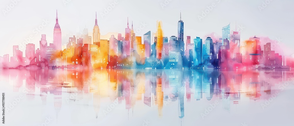 Vibrant watercolor skyline, abstract representation of city towers reflecting in calm waters, a fusion of colors capturing the essence of urban energy and tranquility. Vibrant watercolor skyline, abstract representation of city towers reflecting in calm waters, a fusion of colors capturing the essence of urban energy and tranquility.