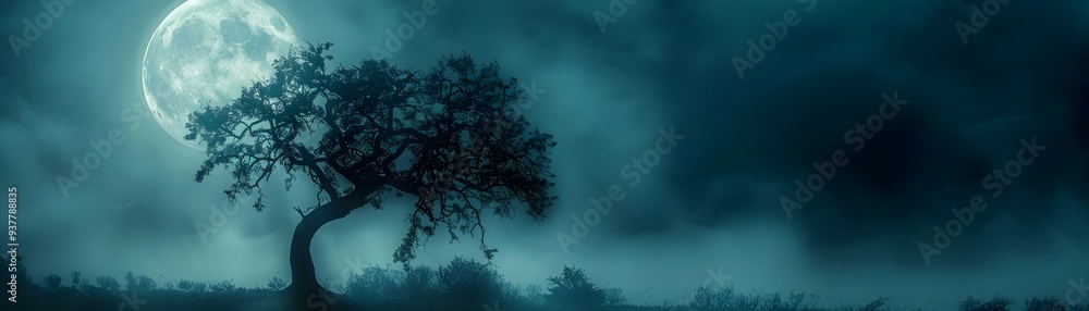 Fototapeta premium Silhouetted Solitary Tree Under Moonlit Dramatic Sky with Foreboding Atmosphere
