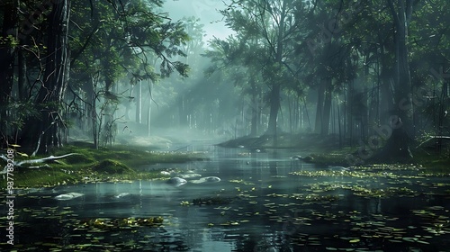 A serene forest scene with mist, water, and lush greenery, evoking tranquility and nature's beauty.