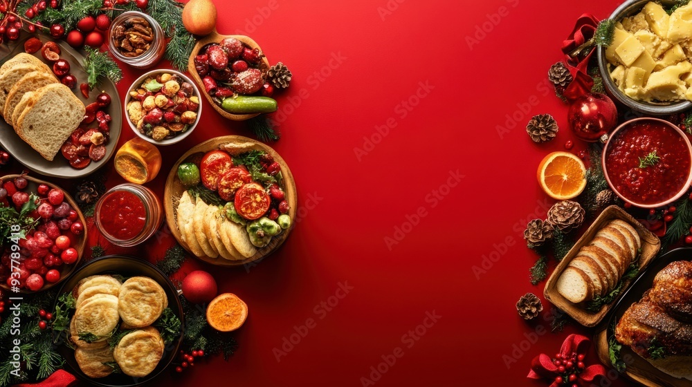 Fototapeta premium Festive Christmas Dinner Table Setting with Delicious Food on Red Background