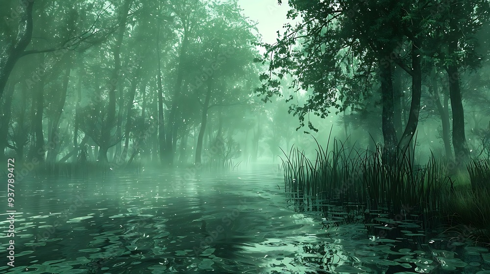 A serene misty forest landscape with a calm water surface reflecting the greenery. A serene misty forest landscape with a calm water surface reflecting the greenery.